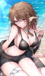 Rule 34 | 1girl, :o, absurdres, au ra, beach, belt, bikini, bikini top only, bikini top pull, black bikini, black jacket, black shorts, braid, breasts, brown hair, cleavage, denim, denim shorts, dragon horns, eyebrows hidden by hair, final fantasy, final fantasy xiv, glasses, hair between eyes, hair ribbon, highres, horns, jacket, jewelry, kcc 9646, large breasts, looking at viewer, medium hair, necklace, ocean, pink eyes, pulling own clothes, ribbon, scales, shorts, sitting, solo, swimsuit, thigh strap, wariza, warrior of light (ff14), water drop, wet, wet clothes, wet swimsuit