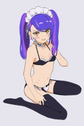 Rule 34 | 1girl, :d, apron, bikini, black bikini, black choker, black thighhighs, blue hair, blush, breasts, brown eyes, choker, copyright request, earrings, frilled choker, frills, from side, full body, hand in own hair, hand up, heart, heart earrings, highres, jewelry, looking at viewer, looking to the side, maid, maid bikini, maid headdress, multicolored hair, open mouth, osame, purple hair, red eyes, side-tie bikini bottom, simple background, sitting, small breasts, smile, solo, streaked hair, sweat, swept bangs, swimsuit, thighhighs, twintails, unconventional maid, wariza, white apron, white background