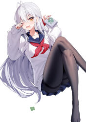 Rule 34 | 1girl, antenna hair, ass, black pantyhose, blue sailor collar, blue skirt, book, braid, breasts, collarbone, commentary, crossed legs, feet out of frame, grey hair, hair between eyes, hands up, heart, heart-shaped pupils, highres, holding, holding book, knees up, long hair, long sleeves, looking at viewer, medium breasts, neckerchief, no shoes, one eye closed, open mouth, original, pantyhose, pleated skirt, puffy long sleeves, puffy sleeves, red neckerchief, ririko (zhuoyandesailaer), saegusa riko, sailor collar, school uniform, serafuku, shirt, simple background, skirt, sleeves past wrists, solo, symbol-shaped pupils, thighband pantyhose, very long hair, white background, white shirt, yellow eyes