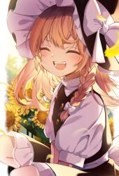 Rule 34 | 1girl, black hat, black skirt, black vest, blonde hair, blush, bow, braid, closed eyes, dated, facing viewer, feet out of frame, flower, hat, hat bow, highres, kirisame marisa, long hair, open mouth, shirt, short sleeves, signature, single braid, skirt, smile, solo, sunflower, touhou, vest, white bow, white shirt, witch hat, yellow flower, yuineko
