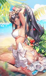 Rule 34 | 1girl, adjusting hair, arms up, artist request, ass, beach, beach towel, bikini, black hair, blush, breasts, butt crack, chang&#039;e (destiny child), cleavage, cloud, day, destiny child, flower, fox mask, from behind, hair ornament, large breasts, leaf, long hair, mask, mask on head, ocean, official art, outdoors, parted lips, ponytail, sand, sarong, sitting, sky, solo, sparkle, swimsuit, towel, white bikini