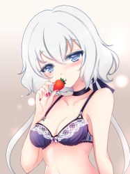 Rule 34 | 1girl, :o, black choker, black ribbon, blue eyes, blush, bow, bow bra, bra, breasts, choker, commentary, food, fruit, hair ribbon, half-closed eyes, holding, holding food, holding fruit, konno junko, lace, lace-trimmed bra, lace trim, long hair, looking at viewer, low twintails, makeup, mascara, medium breasts, nail polish, parted lips, red nails, ribbon, silver hair, solo, strawberry, terimuku, twintails, underwear, underwear only, upper body, zombie land saga