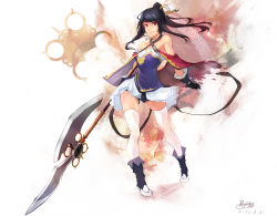 Rule 34 | 10s, 1girl, 2012, aged up, atelier (series), atelier meruru, atelier totori, bare shoulders, bigegg, black gloves, black hair, boots, cape, crescent, dated, female focus, floating hair, full body, gloves, hair ornament, halberd, halterneck, highres, holding, legs, lips, long hair, looking at viewer, mimi houllier von schwarzlang, polearm, ponytail, red eyes, ribbon, short shorts, shorts, signature, smile, solo, standing, text focus, thighhighs, wallpaper, weapon, white thighhighs