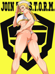 Rule 34 | 1girl, ass, blonde hair, breasts, charlemagne (monsuno), english text, greco roman (spiral brain), highres, large breasts, lipstick, looking back, makeup, monsuno, sailor bikini, sailor collar, salute, solo, thong, underboob