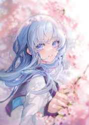Rule 34 | 1girl, blue eyes, blue hair, blurry, blurry background, blush, branch, cherry blossoms, flower, from side, highres, huion, kinokohime, long hair, long sleeves, looking at viewer, original, parted lips, school uniform, serafuku, smile, solo, upper body