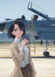 Rule 34 | 1girl, aircraft, airplane, asymmetrical bangs, black eyes, black hair, blue sky, book, brown jacket, brown skirt, closed mouth, cockpit, collared shirt, cowboy shot, day, dress shirt, fighter jet, hallelujah zeng, hand up, holding, holding book, j-10b, jacket, jet, ladder, lips, long hair, long sleeves, looking at viewer, military, military vehicle, mountainous horizon, open clothes, open jacket, original, outdoors, runway, shirt, short hair, skirt, sky, solo, standing, white shirt, wing collar