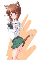 Rule 34 | 1girl, animal ears, black neckerchief, blouse, blush, brown eyes, brown hair, cat ears, cat tail, clenched hands, closed mouth, commentary request, dated, from side, girls und panzer, green skirt, highres, kemonomimi mode, kuzuryuu kennosuke, leaning forward, legs, long sleeves, looking at viewer, midriff peek, miniskirt, neckerchief, nishizumi miho, one-hour drawing challenge, ooarai school uniform, partial commentary, paw pose, pleated skirt, school uniform, serafuku, shirt, short hair, skirt, smile, solo, standing, tail, thighhighs, translated, twitter username, white background, white shirt
