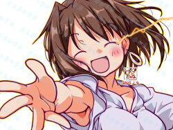 1girl artist_logo brown_hair closed_eyes commentary_request dated earrings furutaka_(kancolle) furutaka_(summer)_(kancolle) glowing glowing_eye hoop_earrings jewelry kantai_collection kutone_shirika logo official_alternate_costume reaching reaching_towards_viewer short_hair simple_background smile solo upper_body white_background