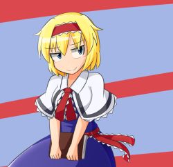 Rule 34 | 1girl, alice margatroid, blonde hair, blue eyes, blush, book, breasts, capelet, dress, hairband, lolita fashion, lolita hairband, looking to the side, manorea, medium breasts, sash, short hair, smile, solo, striped, striped background, touhou