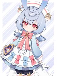 Rule 34 | 1girl, animal ears, apron, black pantyhose, blue background, blue dress, blue hair, boots, bow, bowtie, chibi, chinese commentary, closed mouth, commentary request, cowboy shot, dress, du li, genshin impact, gloves, grey hair, hair between eyes, hat, heart, highres, long hair, long sleeves, looking at viewer, low twintails, nurse cap, outline, pantyhose, pink bow, pink bowtie, red eyes, short twintails, sigewinne (genshin impact), skirt, solo, standing, striped, striped background, striped bow, thigh boots, twintails, white dress, white footwear, white gloves, white hat