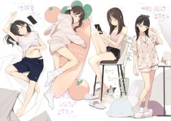 Rule 34 | 1girl, absurdres, ama mitsuki, bare legs, barefoot, bed, bed sheet, blush, breasts, brown hair, cellphone, closed eyes, collarbone, dolphin shorts, full body, hair ornament, highres, legs, long hair, lying, messy hair, on back, on side, original, pajamas, panties, phone, pom pom (clothes), pom pom hair ornament, rubbing eyes, shirt, short shorts, shorts, squeans, sleeping, sleepy, slippers, small breasts, smartphone, standing, twintails, underwear, white shirt