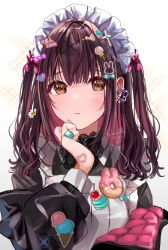 Rule 34 | 1girl, apron, black dress, blush, brown eyes, brown hair, dress, hair ornament, hand up, highres, long hair, long sleeves, looking at viewer, maid, maid apron, maid headdress, multicolored hair, original, parted lips, pink hair, puracotte, solo, two-tone hair, white apron, white background