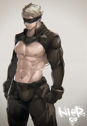 Rule 34 | 1boy, 8 (yamalu), abs, bara, black blindfold, black gloves, black pants, blindfold, closed mouth, gloves, grey hair, highres, large pectorals, male focus, muscular, muscular male, navel, nier:automata, nier (series), nipples, original, pants, pectorals, short hair, shrug (clothing), simple background, solo