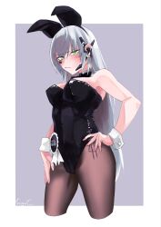 Rule 34 | 1girl, absurdres, alternate costume, animal ears, artist name, barcode, barcode tattoo, black bow, black bowtie, black leotard, black pantyhose, bow, bowtie, breasts, collar, commentary, commentary request, cowboy shot, cropped legs, detached collar, earpiece, fake animal ears, gager (girls&#039; frontline), girls&#039; frontline, green eyes, grey background, hand on own hip, highres, inset border, leotard, looking at viewer, pantyhose, playboy bunny, rabbit ears, solo, sugac, tattoo, two-tone background, white background, white collar, wrist cuffs