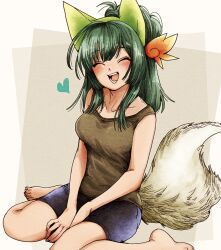 Rule 34 | 1girl, ^ ^, alternate costume, alternate hairstyle, animal ears, barefoot, blue shorts, blush, breasts, brown background, brown tank top, closed eyes, collarbone, facing viewer, fake animal ears, green hair, green hairband, hairband, heart, highres, large breasts, long hair, multicolored background, natsu tuna, open mouth, ponytail, round teeth, shorts, sitting, smile, solo, tail, tank top, teeth, tongue, touhoku zunko, v arms, voiceroid, wariza, white background