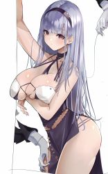 Rule 34 | 1girl, arm under breasts, ass, azur lane, bare shoulders, breasts, choker, cleavage, dido (anxious bisque doll) (azur lane), dido (azur lane), disembodied limb, dress, ekaki no mime, hair ornament, hairband, halterneck, highres, large breasts, long hair, looking at viewer, official alternate costume, purple dress, purple eyes, silver hair, simple background, solo, thighs, white background