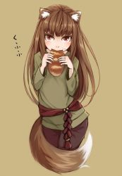 Rule 34 | 1girl, animal ears, black pants, blush, bread, brown background, brown hair, eating, food, green shirt, holo, kagikake, long hair, looking at viewer, pants, red eyes, shirt, solo, spice and wolf, standing, tail, very long hair, wolf ears, wolf tail