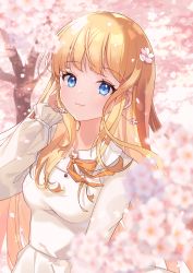 Rule 34 | 1girl, blonde hair, blue eyes, blurry, blurry background, blurry foreground, bow, breasts, brown bow, closed mouth, collared dress, commentary request, depth of field, dress, earrings, flower, fujishiro kokoa, hair flower, hair ornament, hand up, highres, jewelry, long hair, looking at viewer, making-of available, medium breasts, original, petals, pink flower, smile, solo, tree, very long hair, white dress, white flower