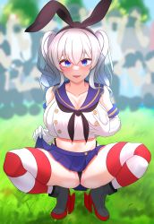 Rule 34 | 1girl, absurdres, black hairband, black neckerchief, black panties, blue eyes, blue skirt, blurry, blurry background, breasts, cosplay, crop top, elbow gloves, gloves, grabbing own breast, grey hair, hairband, highleg, highleg panties, highres, kantai collection, kashima (kancolle), kazuryuu, large breasts, microskirt, neckerchief, panties, pleated skirt, sailor collar, shimakaze (kancolle), shimakaze (kancolle) (cosplay), sidelocks, skirt, solo focus, spread legs, squatting, striped clothes, striped thighhighs, thighhighs, thong, twintails, underwear, wavy hair, white gloves