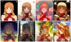 Rule 34 | 1girl, absurdres, backlighting, bare arms, bare shoulders, blonde hair, border, brown eyes, closed mouth, dappled sunlight, dress, hands on own chest, highres, idolmaster, idolmaster cinderella girls, looking at viewer, moroboshi kirari, multiple views, own hands together, pigeon666, red dress, sidelocks, smile, star-shaped pupils, star (symbol), sunlight, symbol-only commentary, symbol-shaped pupils, white border, window
