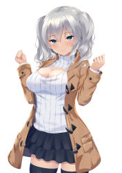 Rule 34 | 1girl, alternate costume, black skirt, black thighhighs, blue eyes, blush, breasts, brown coat, cleavage, cleavage cutout, closed mouth, clothing cutout, coat, commission, cowboy shot, hair between eyes, highres, kantai collection, kashima (kancolle), large breasts, long sleeves, ochikata kage, open clothes, open coat, short hair, silver hair, simple background, skeb commission, skirt, smile, solo, sweater, thighhighs, twintails, white background, white sweater