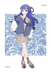 Rule 34 | 1girl, acubi tomaranai, asari nanami, blue eyes, blue hair, blue jacket, character name, closed mouth, dress, english text, fashion, full body, hair rings, hand in own hair, idolmaster, idolmaster cinderella girls, jacket, letterman jacket, long hair, looking at viewer, new balance, red socks, sleeves past wrists, socks, solo, standing, striped clothes, striped dress, white dress