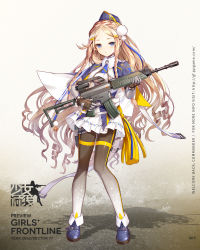 Rule 34 | 1girl, ak 5 (girls&#039; frontline), assault rifle, black pantyhose, black skirt, blonde hair, blue jacket, blush, braid, centipede (whale2011), character name, copyright name, forehead, frilled skirt, frills, full body, garrison cap, girls&#039; frontline, gun, hair ornament, hat, highres, holding, holding gun, holding weapon, jacket, long hair, looking at viewer, military, military uniform, pantyhose, parted lips, puffy sleeves, rifle, ringlets, shadow, side braid, skirt, solo, standing, tsurime, uniform, very long hair, watermark, wavy hair, weapon, web address, x hair ornament
