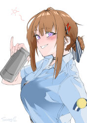 Rule 34 | 1girl, absurdres, artist name, beer can, blue shirt, blush, bow, brown hair, can, choker, commentary, drink can, girls&#039; frontline, grizzly mkv (elite on patrol) (girls&#039; frontline), grizzly mkv (girls&#039; frontline), hair bow, hair ornament, hairpin, highres, looking at viewer, medium hair, police, police uniform, policewoman, purple eyes, shirt, sidelocks, squeans, sugac, uniform, white background