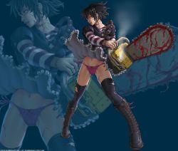 Rule 34 | 1girl, black hair, black lagoon, black thighhighs, blood, boots, brown eyes, chainsaw, clothes lift, cross-laced footwear, earrings, eyeshadow, frederica sawyer, frilled skirt, frills, highres, jewelry, knee boots, lace-up boots, layered sleeves, lips, lipstick, long sleeves, makeup, mugensaku, panties, scar, scar on neck, short hair, short over long sleeves, short sleeves, side-tie panties, skirt, skirt lift, solo, striped, thighhighs, torn clothes, torn thighhighs, underwear, weapon, zoom layer
