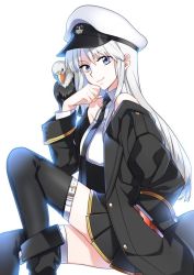 Rule 34 | 1girl, animal, animal on shoulder, azur lane, bald eagle, bare shoulders, bird, bird on shoulder, black coat, black footwear, black necktie, black thighhighs, boots, breasts, clenched hand, coat, collared shirt, commentary request, eagle, enterprise (azur lane), hand in pocket, hand on own chin, hat, jinnot, long hair, looking at viewer, necktie, peaked cap, purple eyes, shirt, silver hair, sitting, sleeveless, sleeveless shirt, solo, thighhighs, thighs, white hat, white shirt, zettai ryouiki