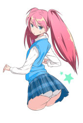 Rule 34 | 1girl, 9aki, ass, blue eyes, character request, cropped legs, long hair, looking back, panties, pantyshot, pink hair, plaid, school uniform, skirt, solo, star (symbol), sweater vest, twintails, underwear, white background