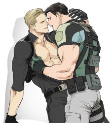 Rule 34 | 2boys, albert wesker, bara, belt, black gloves, black hair, black pants, black shirt, blonde hair, chris redfield, closed eyes, facial hair, gloves, green gloves, green shirt, grey pants, incoming kiss, large pectorals, looking at another, male focus, multiple boys, muscular, muscular male, open clothes, open shirt, pants, pectorals, resident evil, resident evil 5, shirt, short hair, smile, stubble, tatsumi (psmhbpiuczn), two-tone gloves, yaoi