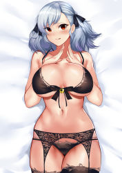 Rule 34 | 1girl, :q, absurdres, bare arms, bare shoulders, bed sheet, bell, black bra, black panties, bra, breasts, collarbone, front-tie top, garter belt, girls&#039; frontline, hair ribbon, hands up, highres, jingle bell, large breasts, long hair, looking at viewer, lying, molyb, navel, on back, panties, red eyes, ribbon, silver hair, smile, solo, spas-12 (girls&#039; frontline), thighhighs, tongue, tongue out, underwear, underwear only