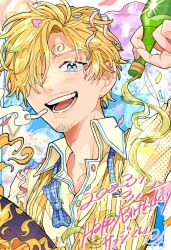 Rule 34 | 1boy, 2023, blonde hair, blue eyes, bottle, cigarette, collared shirt, confetti, curly eyebrows, dated, english text, facial hair, fire, goatee, happy birthday, highres, holding, holding bottle, liquid, mustache, one piece, open mouth, ponko517, portrait, sanji (one piece), shirt, short hair, smile, sparkling eyes, teeth, tongue, yellow shirt