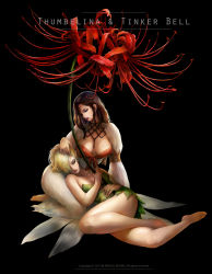 Rule 34 | 2girls, absurdres, bad id, bad pixiv id, black background, blonde hair, breasts, breasts apart, brown hair, cleavage, crossover, fairy, fairy wings, hair over one eye, hand on another&#039;s head, highres, kim eul bong, large breasts, lying, medium breasts, mini person, minigirl, multiple girls, on side, peter pan (disney), shawl, sitting, thumbelina, thumbelina (character), tinker bell (disney), wings, yuri