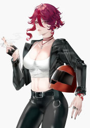 Rule 34 | 1girl, absurdres, belt, black jacket, black pants, breasts, cigarette, crop top, genshin impact, hair between eyes, helmet, highres, holding, holding cigarette, jacket, jewelry, large breasts, long sleeves, navel, necklace, pants, red eyes, red hair, ring, rosaria (genshin impact), shei99, short hair, solo, stomach, tank top, tobacco, white tank top