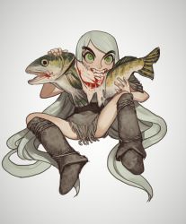 Rule 34 | 1girl, black sash, boots, copyright request, eating, fangs, fish, fish (food), full body, fur boots, green eyes, grey hair, highres, long hair, mossacannibalis, open mouth, raw fish, sash, simple background, sitting, solo, very long hair, white background, wide-eyed