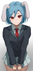 Rule 34 | 1girl, absurdres, animal ears, black jacket, blazer, blue hair, closed mouth, collared shirt, commentary, commission, cowboy shot, floppy ears, gradient background, grey background, highres, jacket, long sleeves, looking at viewer, miniskirt, necktie, palulap, pleated skirt, rabbit ears, red eyes, red necktie, reisen (touhou bougetsushou), shirt, short hair, simple background, skeb commission, skirt, smile, solo, touhou, white background, white shirt