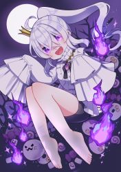 Rule 34 | 1girl, :d, ahoge, aona (noraneko), bare tree, barefoot, bat (animal), blush, cake, candy, collared shirt, crown, fire, floating, food, frills, ghost, halloween, hands up, high collar, highres, jewelry, kneehighs, long hair, marshmallow, mini crown, necklace, open mouth, original, ponytail, purple eyes, purple fire, shirt, skirt, sleeves past fingers, sleeves past wrists, smile, socks, solo, sparkle, swiss roll, tree, very long hair, white hair