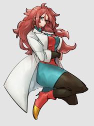 Rule 34 | 1girl, android 21, blue eyes, boots, breasts, checkered clothes, checkered dress, closed mouth, dragon ball, dragon ball fighterz, dress, earrings, full body, glasses, grey background, hoop earrings, jewelry, kemachiku, lab coat, long hair, looking at viewer, medium breasts, pantyhose, red footwear, red hair, simple background, solo