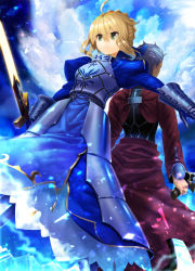 Rule 34 | 1boy, 1girl, ahoge, archer (fate), armor, armored dress, artoria pendragon (all), artoria pendragon (fate), back-to-back, bad id, bad pixiv id, blonde hair, blue dress, blue sky, braid, breastplate, cloud, cloudy sky, commentary request, dark-skinned male, dark skin, dress, dutch angle, excalibur (fate/stay night), facing away, fate/stay night, fate (series), gauntlets, glowing, glowing sword, glowing weapon, green eyes, grey hair, hair between eyes, highres, holding, holding sword, holding weapon, jacket, juliet sleeves, kanshou &amp; bakuya (fate), long sleeves, looking away, o (rakkasei), outdoors, outstretched arm, puffy sleeves, red jacket, saber (fate), sidelocks, sky, sparkle, sword, weapon