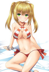 Rule 34 | 1girl, ahoge, arm support, bikini, blonde hair, blush, breasts, closed mouth, criss-cross halter, fate/grand order, fate (series), green eyes, groin, hair intakes, halterneck, kei kei, large breasts, long hair, looking at viewer, navel, nero claudius (fate), nero claudius (fate) (all), nero claudius (swimsuit caster) (fate), sitting, smile, solo, stomach, striped bikini, striped clothes, swimsuit, twintails, twitter username