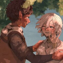 Rule 34 | 2boys, armor, black eyes, black hair, blue eyes, blush, chainmail, crying, curly hair, dappled sunlight, dark-skinned male, dark skin, dungeon meshi, elf, eye contact, gorget, grey hair, hands on another&#039;s shoulders, happy tears, highres, kabru, long sleeves, looking at another, male focus, missing eye, mithrun, multiple boys, outdoors, pachix2 corgi, pointy ears, short hair, smile, sunlight, tears, uneven eyes, wiping tears