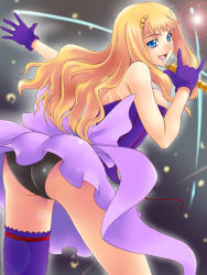 Rule 34 | 00s, arm up, ass, asymmetrical clothes, back, bare arms, bare shoulders, black panties, blonde hair, blue eyes, breasts, dress, gloves, hair ornament, hand up, holding, holding microphone, large breasts, long hair, looking at viewer, looking back, lower teeth only, macross, macross frontier, microphone, music, neon lights, outstretched arm, panties, purple dress, purple gloves, round teeth, sheryl nome, short dress, sideboob, singing, single thighhigh, smile, solo, standing, strapless, strapless dress, teeth, thighhighs, underwear, wavy hair, yaso shigeru
