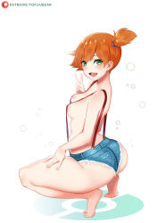 Rule 34 | 1girl, areola slip, ass, barefoot, blush, breasts, creatures (company), denim, denim shorts, feet, game freak, green eyes, light blush, looking at viewer, looking back, misty (pokemon), nintendo, no shirt, open mouth, orange hair, pokemon, pokemon (anime), pokemon (classic anime), shiny skin, short shorts, shorts, side ponytail, simple background, small breasts, smile, solo, squatting, suspender shorts, suspenders, toes, tofuubear, v