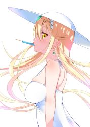 Rule 34 | 1girl, alternate costume, bare arms, bare shoulders, blonde hair, breasts, daive, dress, food, from side, gem, hat, highres, large breasts, long hair, mythra (xenoblade), nintendo, popsicle, profile, simple background, skindentation, solo, sun hat, sundress, swept bangs, upper body, white background, white dress, white hat, xenoblade chronicles (series), xenoblade chronicles 2, yellow eyes