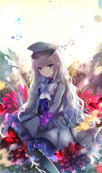 Rule 34 | 1girl, backlighting, black legwear, bow, bowtie, bug, butterfly, colorful, curly hair, expressionless, flower, frilled skirt, frills, grey eyes, grey hair, hat, highres, bug, kazu (muchuukai), light particles, looking at viewer, original, peaked cap, skirt, solo, sword, uniform, weapon
