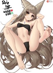Rule 34 | 1girl, absurdres, animal ear fluff, animal ears, arm up, armpits, barefoot, black bra, black panties, blunt ends, blush, bra, breasts, brown eyes, brown hair, cameltoe, chest jewel, closed mouth, collarbone, commentary, english commentary, english text, eyelashes, feet, foot up, from above, full body, hand up, highres, knees up, legs, like and retweet, long hair, looking at viewer, lying, meme, navel, nia (blade) (xenoblade), nia (xenoblade), on back, panties, sidelocks, simple background, small breasts, smile, soles, solo, stomach, toenails, toes, twitter strip game (meme), underwear, underwear only, very long hair, white background, x xith x, xenoblade chronicles (series), xenoblade chronicles 2