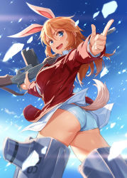 Rule 34 | 1girl, :d, absurdres, animal ears, ass, blue eyes, blue panties, blue sky, charlotte e. yeager, cloud, commentary request, day, gun, hair between eyes, highres, holding, holding gun, holding weapon, jacket, long hair, long sleeves, looking at viewer, michairu, open mouth, orange hair, panties, rabbit ears, rabbit girl, rabbit tail, red jacket, sky, smile, solo, strike witches, striker unit, tail, thighs, underwear, weapon, world witches series