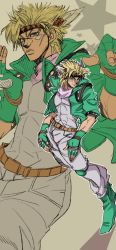 Rule 34 | 1boy, abs, battle tendency, belt, blonde hair, caesar anthonio zeppeli, facial mark, feather hair ornament, feathers, fingerless gloves, full body, gloves, green eyes, green footwear, green jacket, feather hair ornament, headband, jacket, jojo no kimyou na bouken, knee pads, male focus, pants, projected inset, shirt, shoes, solo, star (symbol), tight clothes, twistxx, white pants, white shirt